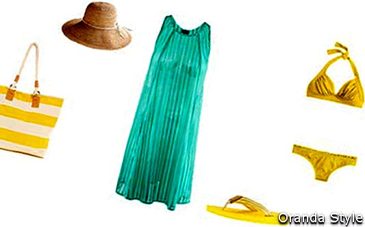 gyönyörű kék ​​tengerparti ruha, egy sárga fürdőruhás ruházati ötlettel keverve