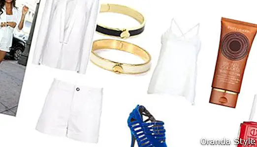 Eva Longoria elektívak kék szandál ruházati kombinációja