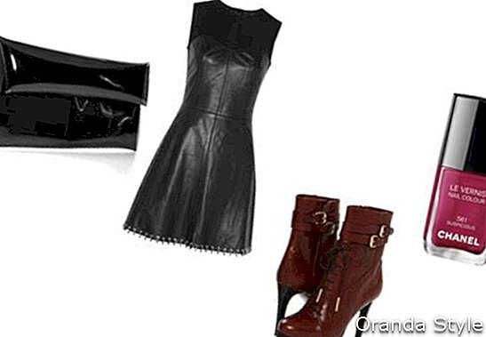 schwarze Lederkleid-Outfit-Kombination