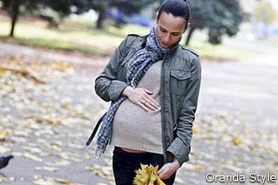 Süße schwangere Frau geht allein auf Herbst Hintergrund