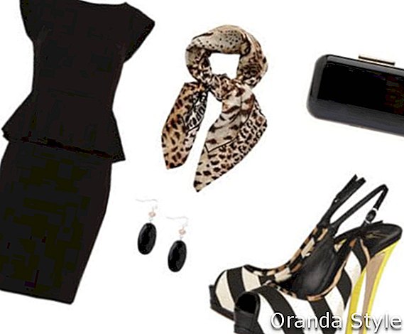 Outfit-Kombination aus einer rechteckigen Clutch von Elie Saab, einem Jet Bead Facet Drop-Ohrring und einem Seidenschal von Fendi Leopard