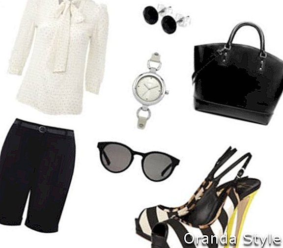 Outfit-Kombination aus Tailored Shorts, Shopper Basket Bag und Skinny Strap Watch