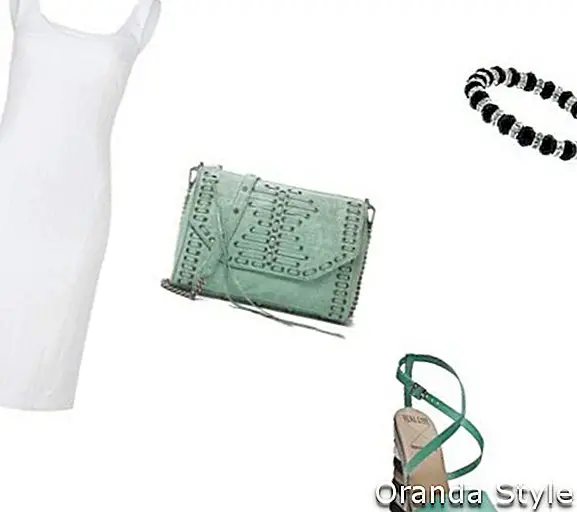 Kombinace oblečení bílých šatů a máty zelených tašek