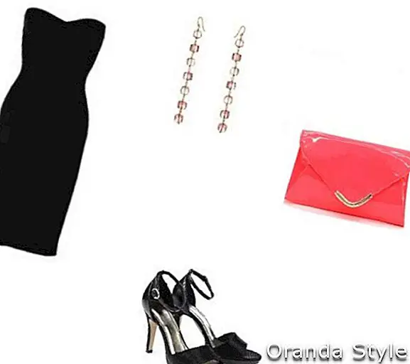 Combinación de vestido negro ajustado y bolso de embrague rosa neón