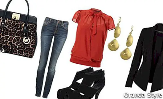 kombinasi pakaian dari Michael Kors Astrid Calf-Hair Satchel, Jeans dan Sandals