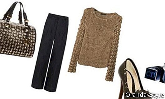 Kombinasi pakaian dari Michael Kors Grayson Grommet Satchel, Farah Sweater dan Fendi Loafer Pumps