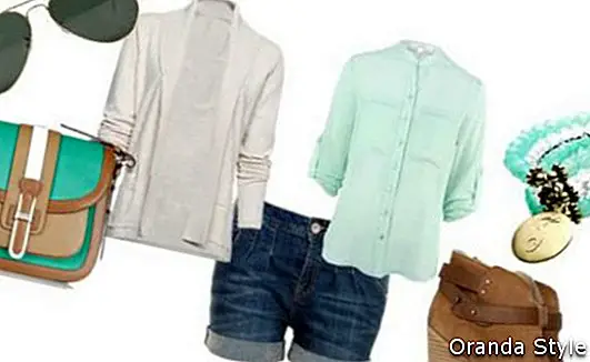 Kombinasi pakaian dari celana pendek Denim, Michael Kors Gia Saddle Tas Warna-Blok Bahu dan Kemeja Sifon