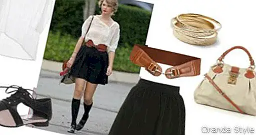 „Skater“ juodų sijonų „Taylor Swift“ aprangos derinys