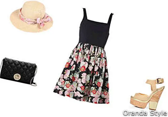 květinové potisk šaty s kloboukem a klínem sandály kombinace