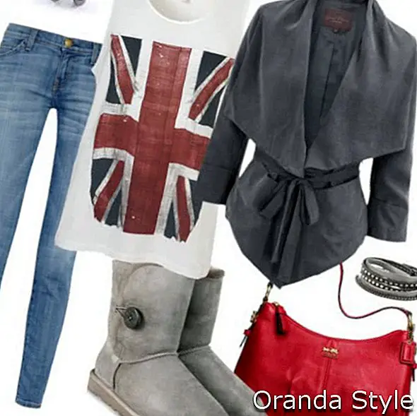 jeans ajustados combinados con un top suelto estampado y una linda idea de atuendo de chaqueta