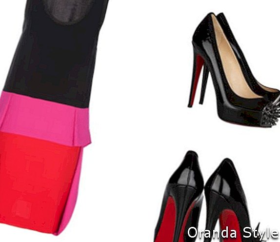 Комбинация от розова рокля и червени обувки