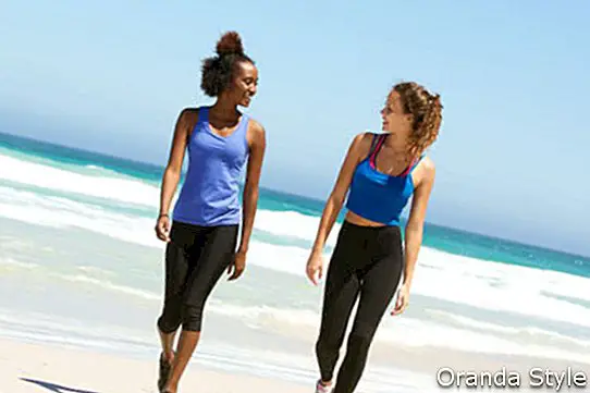 Volles Körperporträt von zwei geeigneten jungen Frauen, die auf Strand gehen