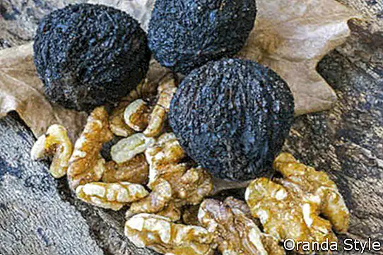 Черные грецкие орехи в натюрморте на бревне