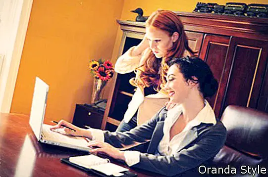 две професионални млади жени, работещи заедно на лаптоп в офиса