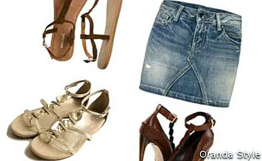 Kombinácia kombinácií sandálov a džínsovej sukne