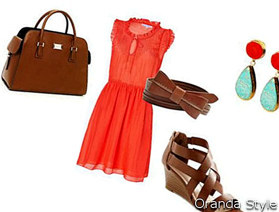 Комбинация из кораллового платья и светло-коричневой обуви