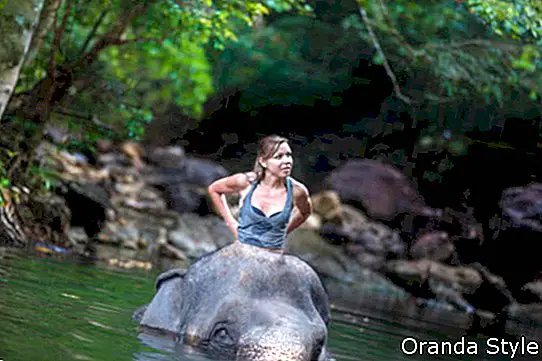 das Mädchen mit dem Elefanten im Wasser