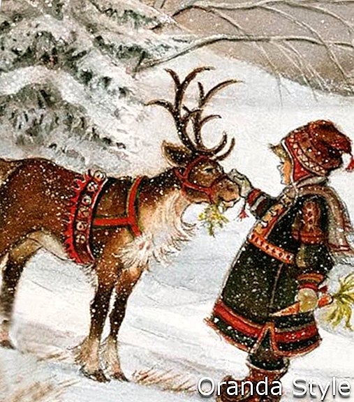 スウェーデンの女の子と鹿の冬と雪